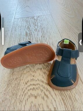 Kids Navy Blue T-Strap Leather Sandals